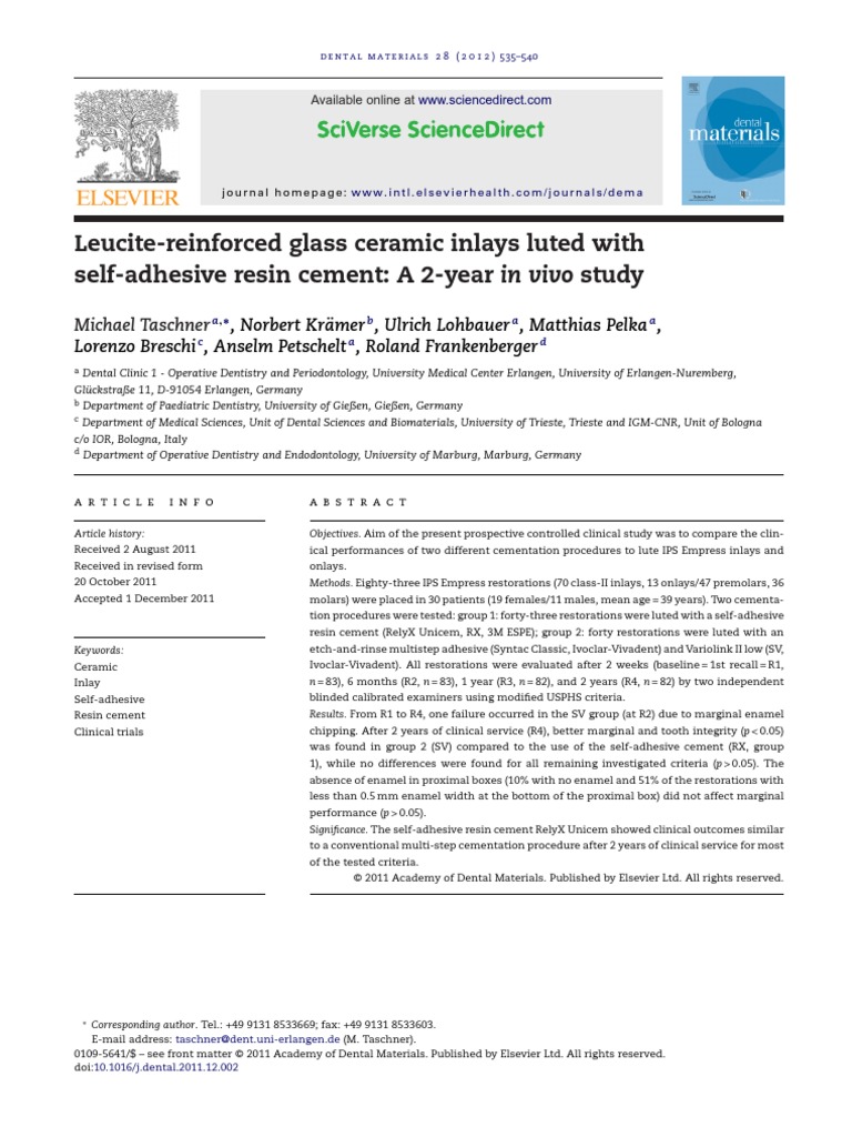 2012 LeuciteReinforced Glass Ceramic Inlays Luted With SelfAdhesive Resin Cement PDF Mouth