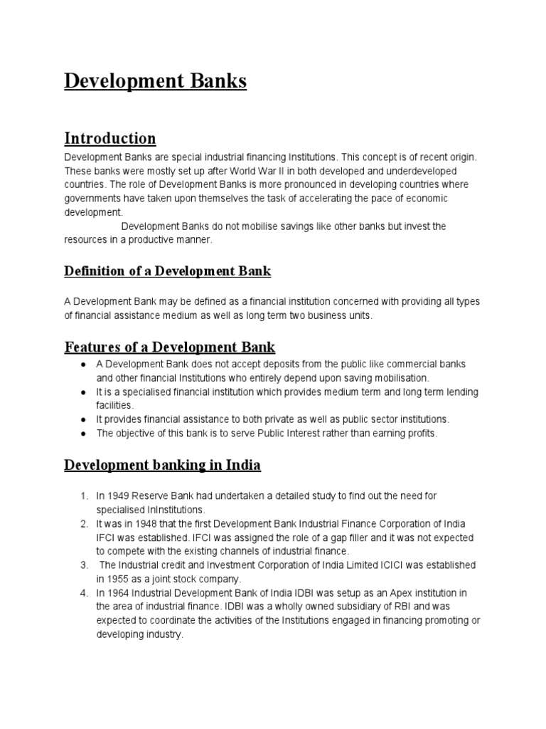 Development Banks Features Of A Development Bank Pdf Banks