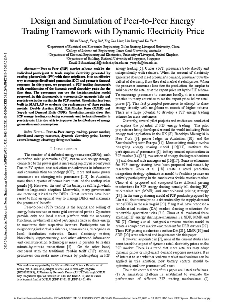 Design and Simulation of P2P Energy Trading With Dynamic Pricing | PDF ...