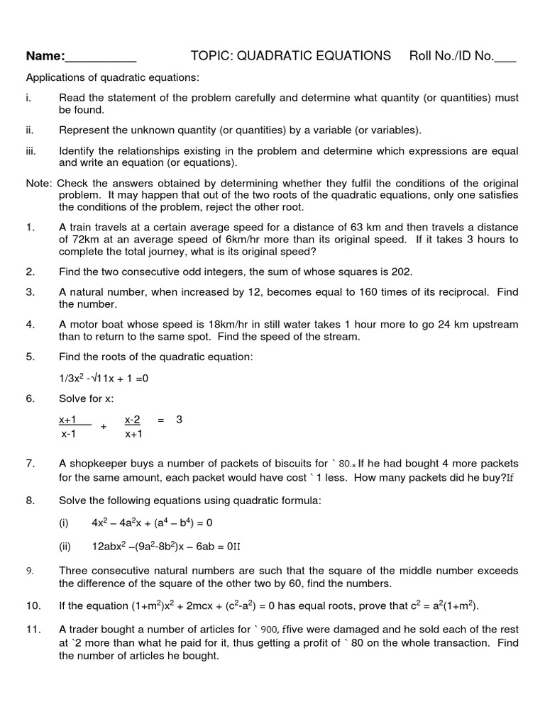Class 10 Quadratic Equations Problems | PDF