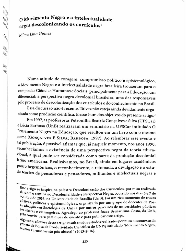 NILMA LINO GOMES O Movimento Negro e A Intelectualidade Negra