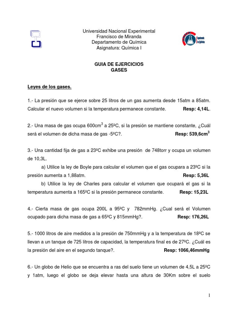 Ejercicios de Leyes de Gases en Química | PDF | Gases | Mole (Unidad)