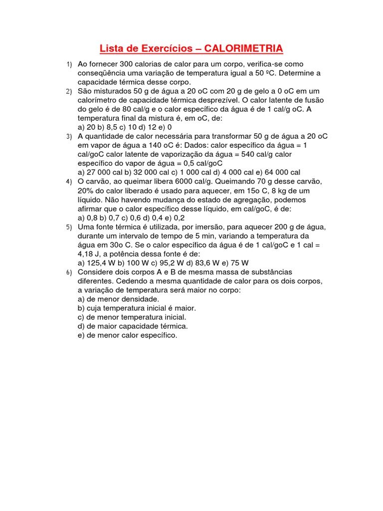 Exercícios Práticos de Calorimetria | PDF | Ciências e Matemática