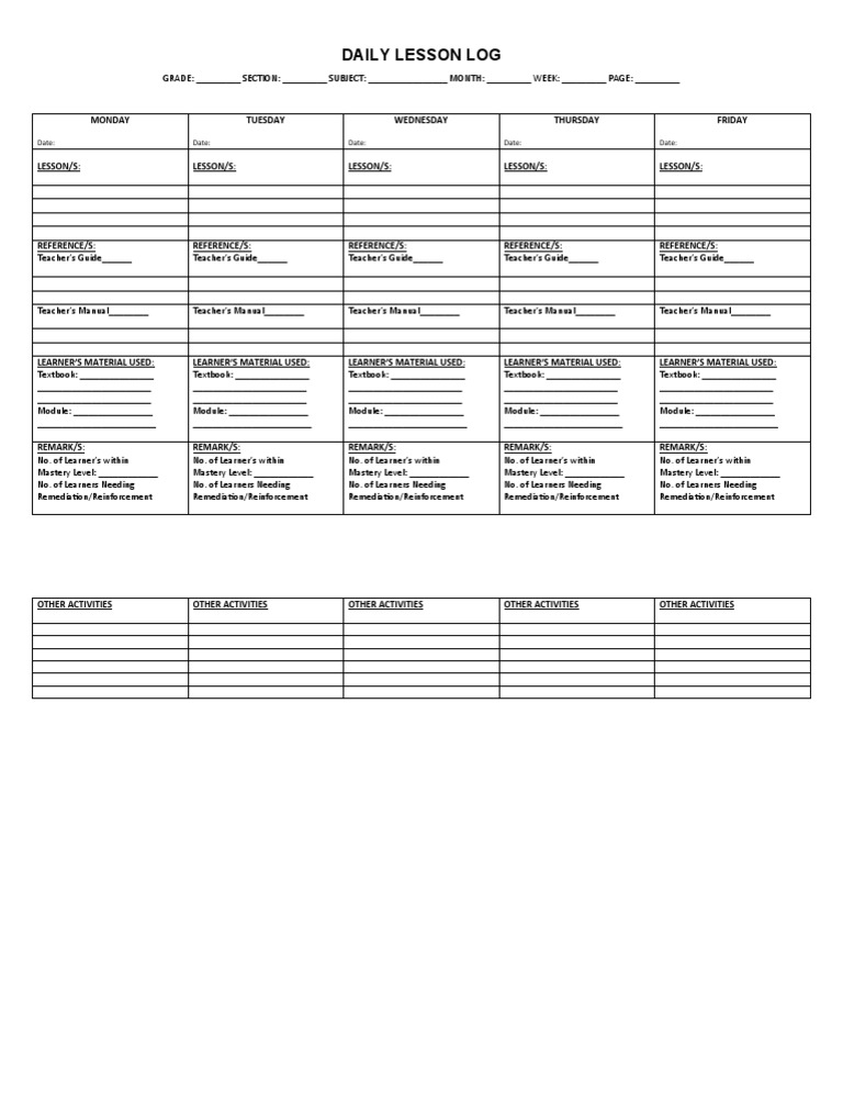Daily Lesson Log: Date: Date: Date: Date: Date | PDF