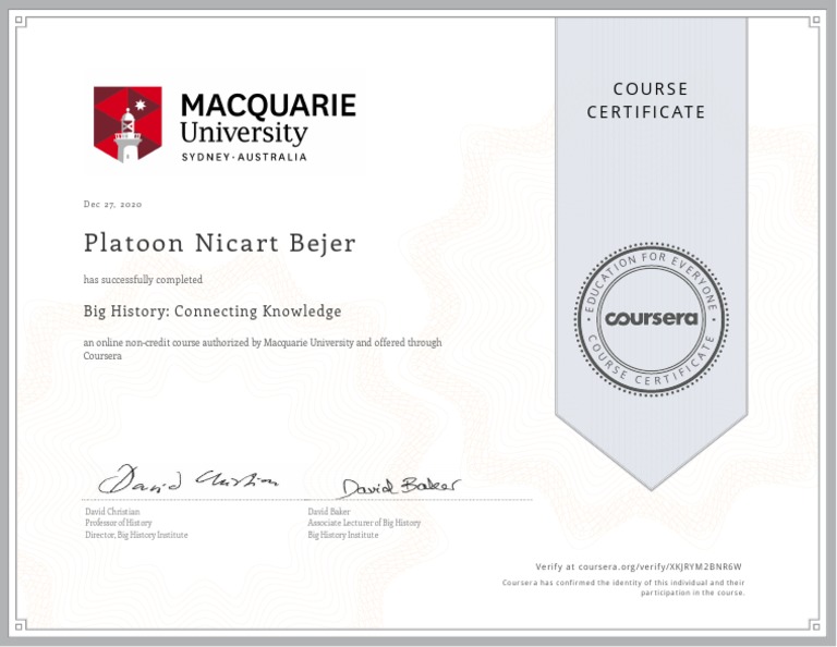 Certificate of Completion for "Big History Connecting Knowledge PDF