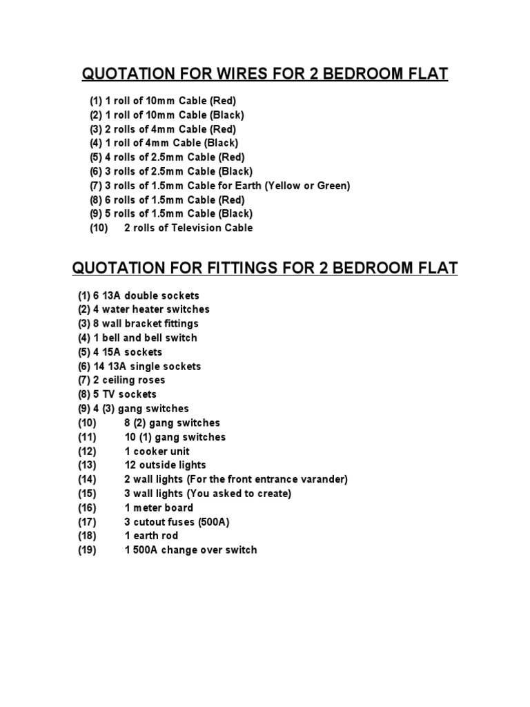 2 Bedroom Flat Electrical Quotation | PDF