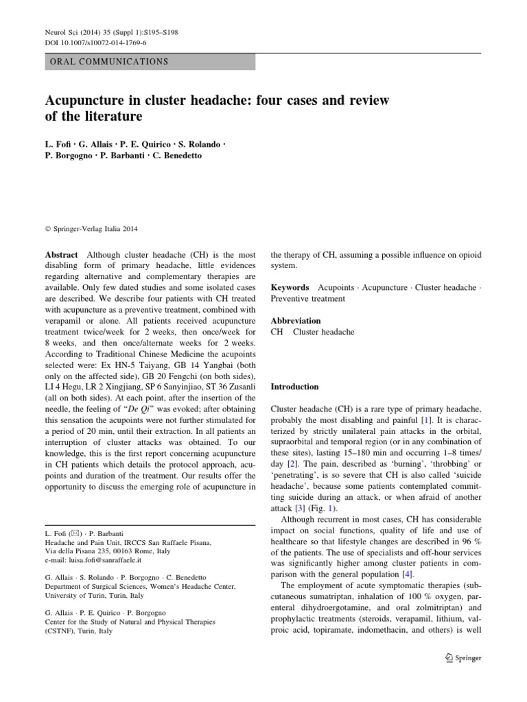 Acupuncture in Cluster Headache Four Cases and Review PDF