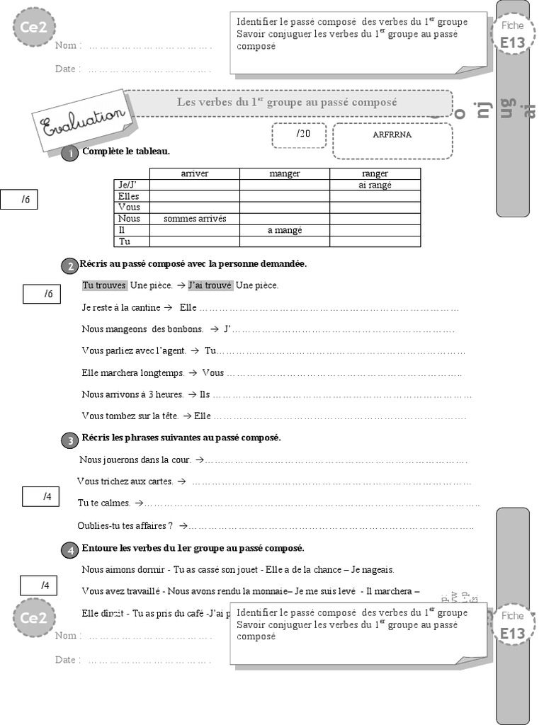 Exercice Sur Le Passé Composé Ce2 Ce2 Evaluation 1er Groupe Passe Compose | PDF