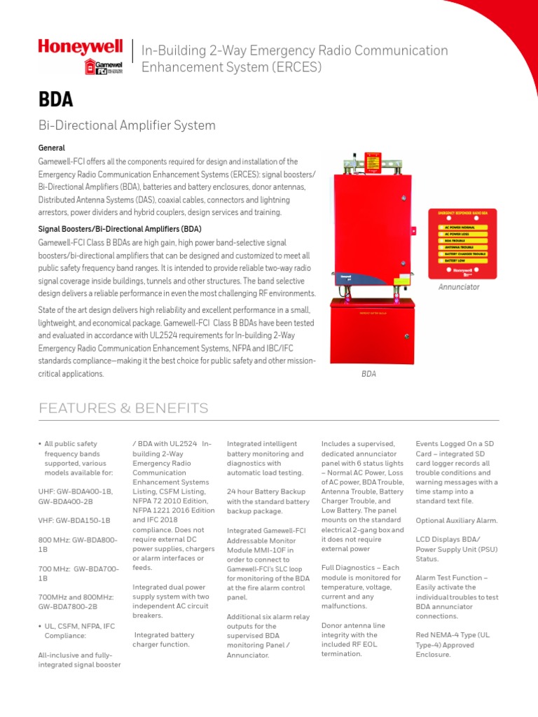Gamewell-FCI BDA Spec Sheet | PDF | Power Supply | Coaxial Cable