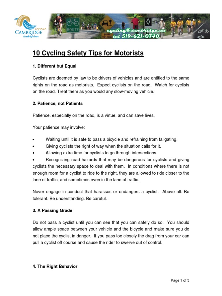 10 Cycling Safety Tips For Motorists | PDF | Traffic | Patience