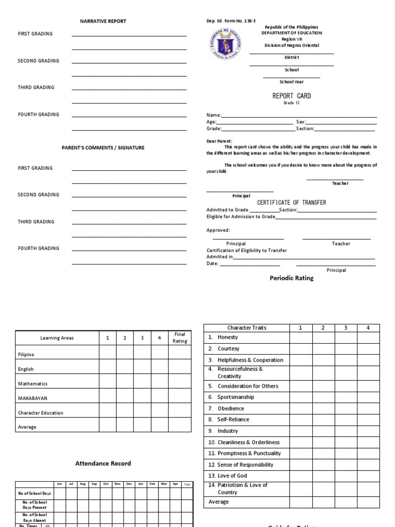 Form 138 Report Card Overview | PDF
