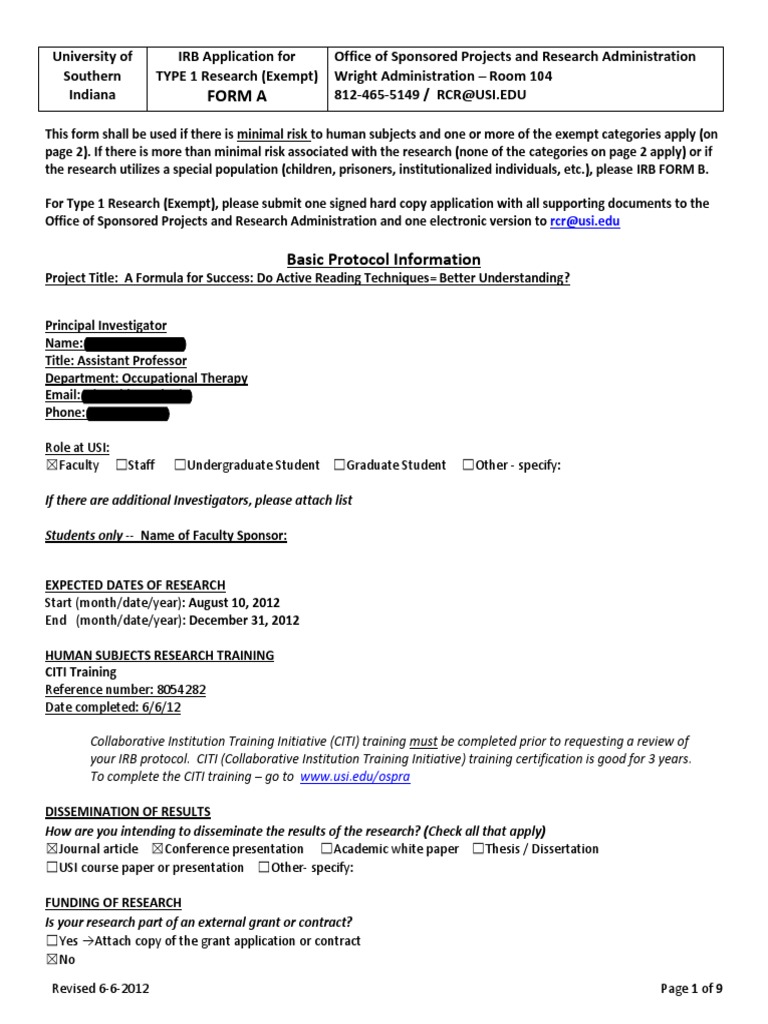 University of Southern Indiana IRB-protocol-Form-A-example-faculty ...