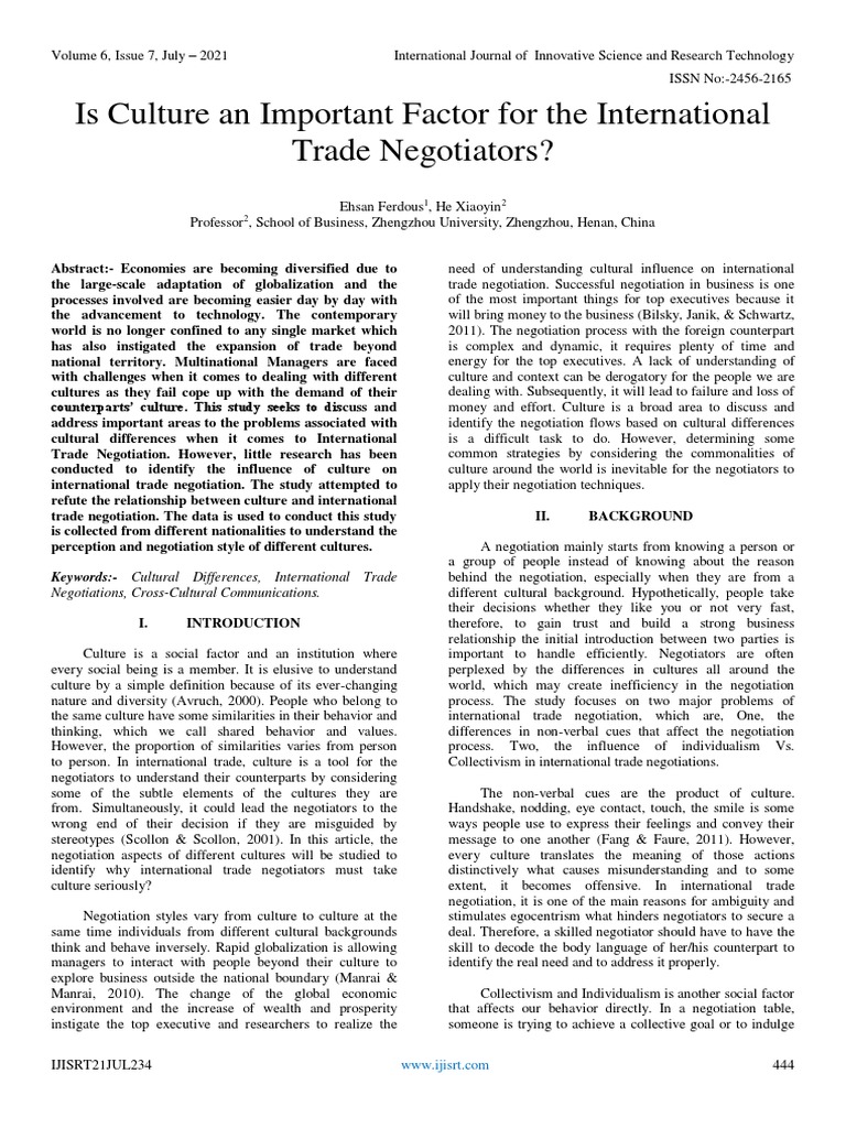 Culture's Role in Trade Negotiations | PDF | Collectivism | Negotiation