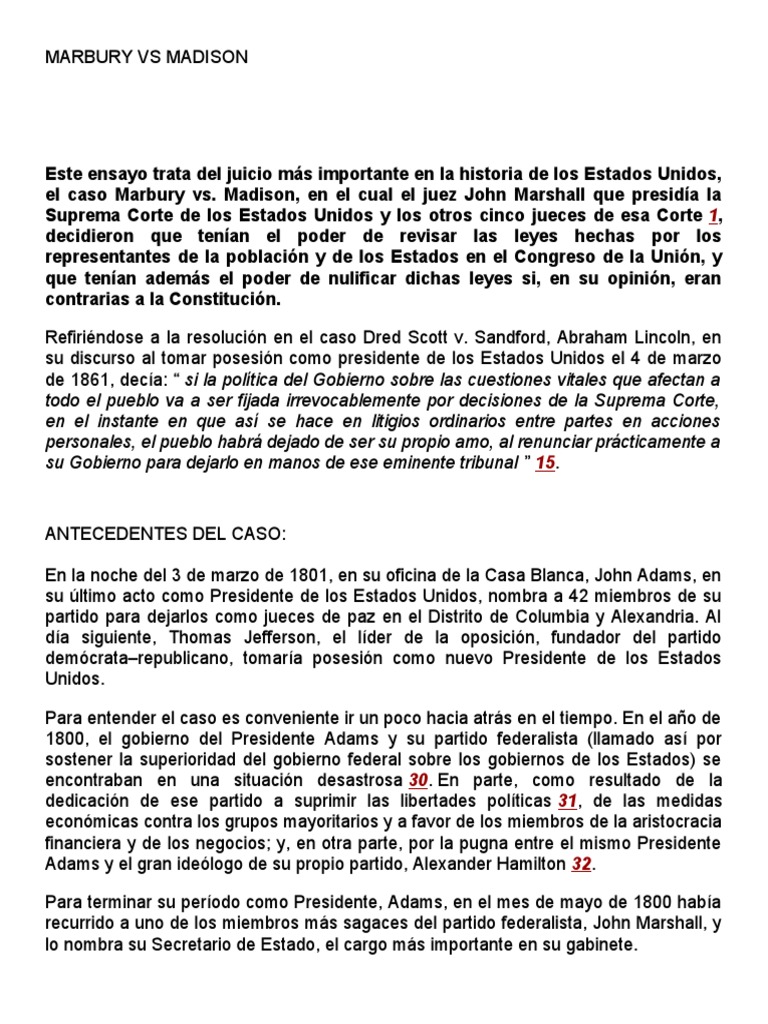 Resumen del caso Marbury vs. Madison | PDF | John Adams | James Madison