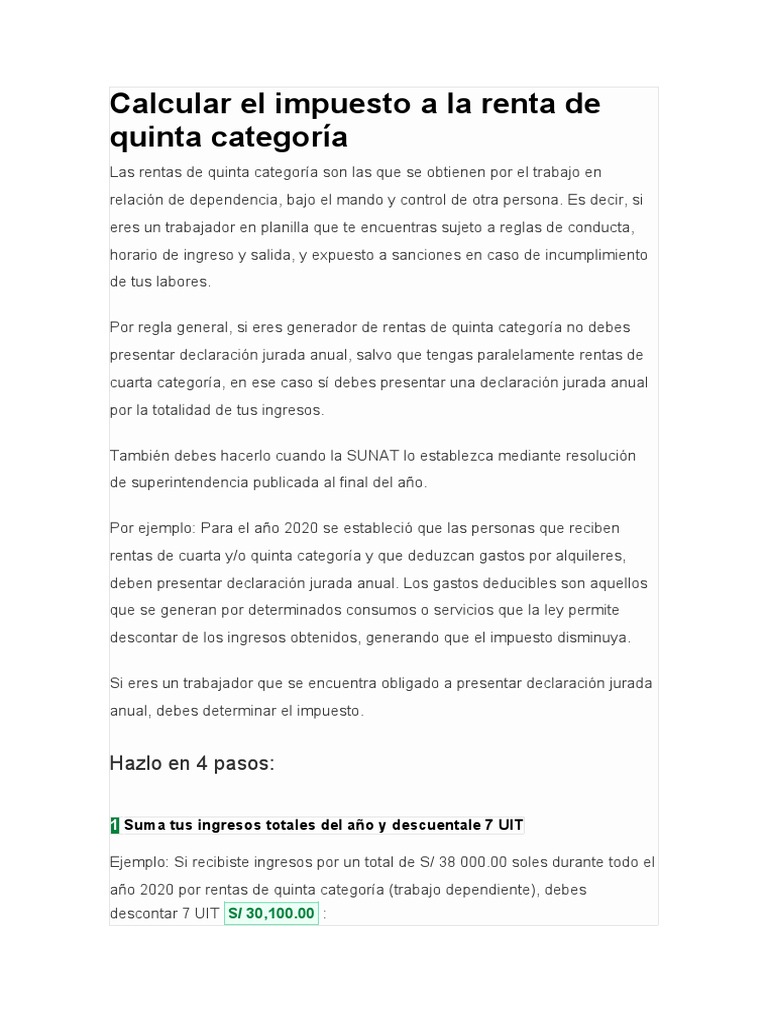Cálculo del Impuesto a la Renta 5ta Categoría | PDF | Impuesto sobre la ...