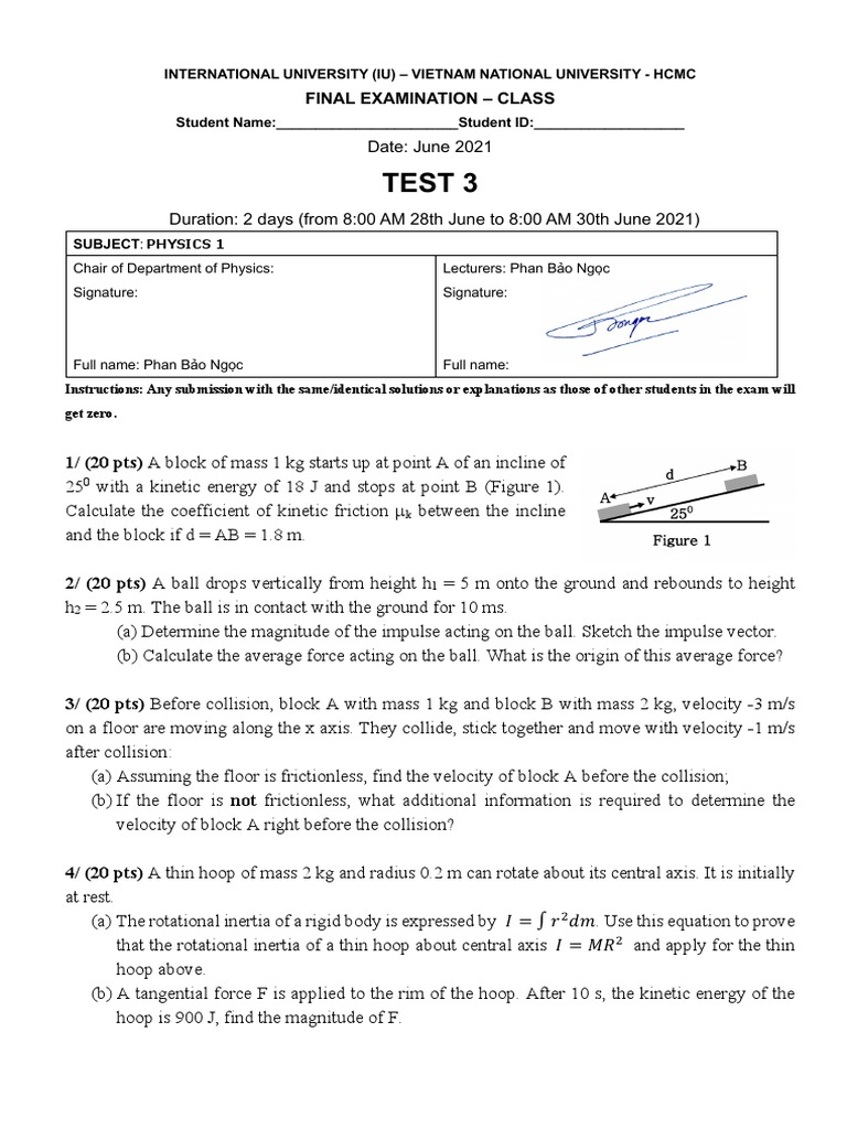 Physics 1 Final Exam June 2021 | PDF | Rotation Around A Fixed Axis ...