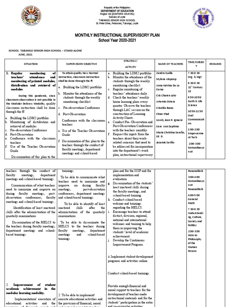 June Instructional Supervisory Plan 2020-21 | PDF | Schools | Teachers