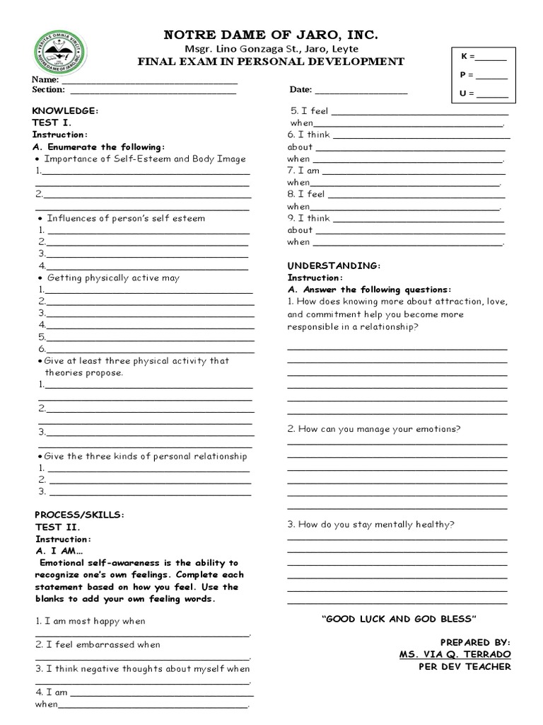 Notre Dame of Jaro, Inc. Final Exam in Personal Development PDF