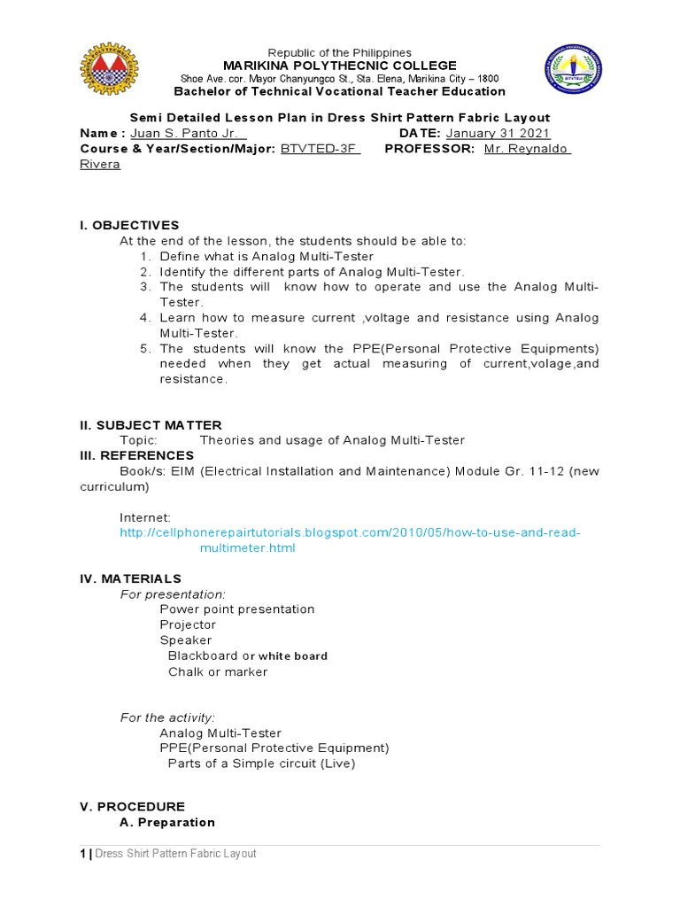 Measuring Electrical Components Safely A Lesson Plan on Using Analog Multimeters PDF
