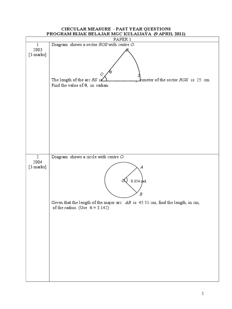Circular Measure Past Year Questions | PDF | Circle | Area