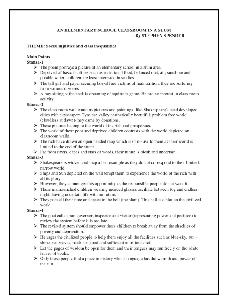 12 English - An Elementary School Classroom in A Slum-Notes | PDF ...