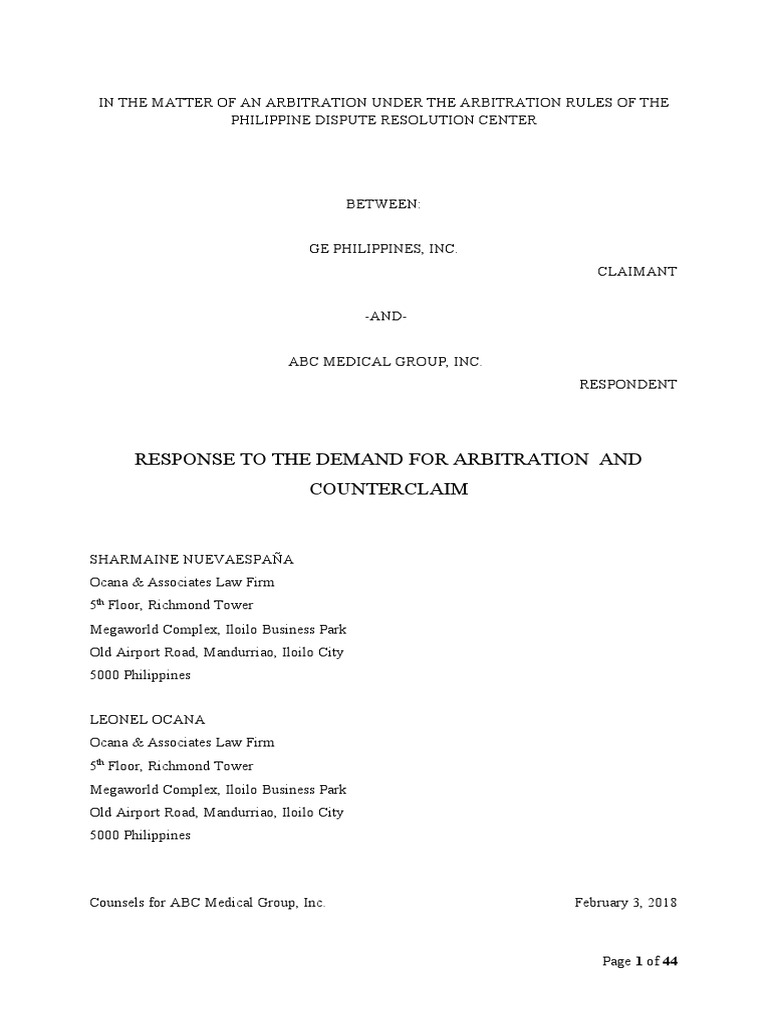Response To The Demand For Arbitration and Counterclaim PDF Damages