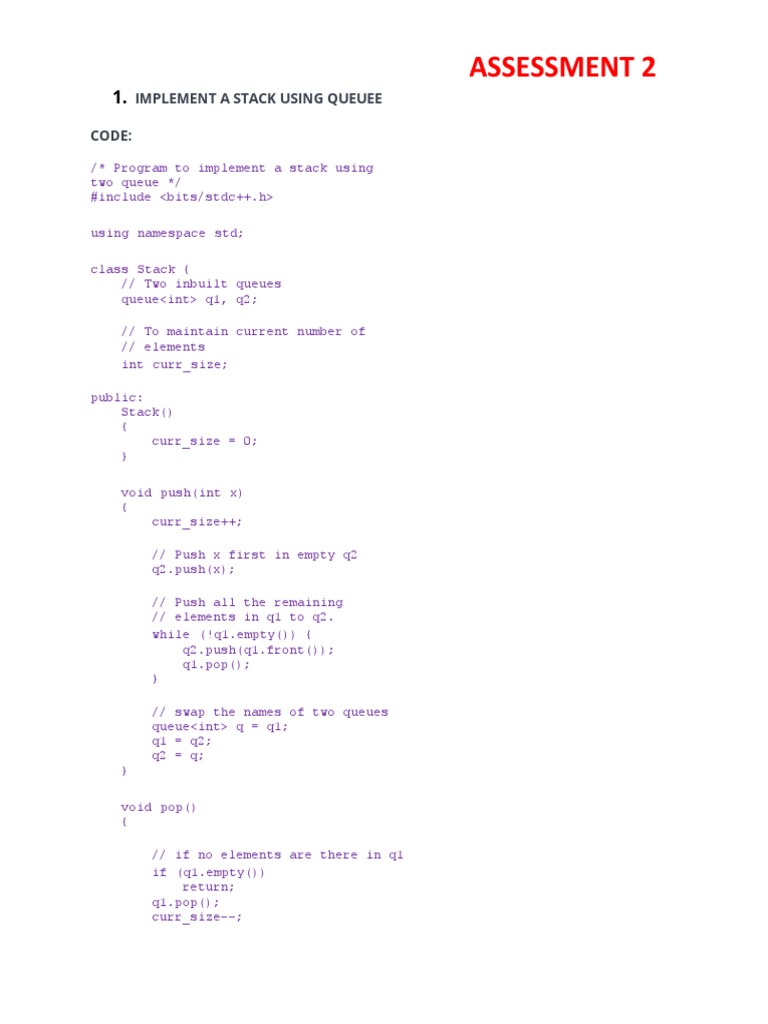 Assessment 2: Implement A Stack Using Queuee Code | PDF | Pointer ...
