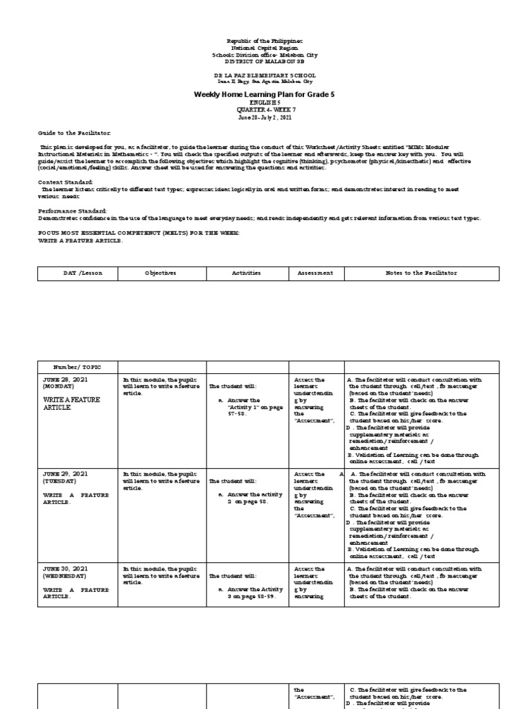 Grade 5 Learning Plan Guide | PDF | Applied Psychology | Learning