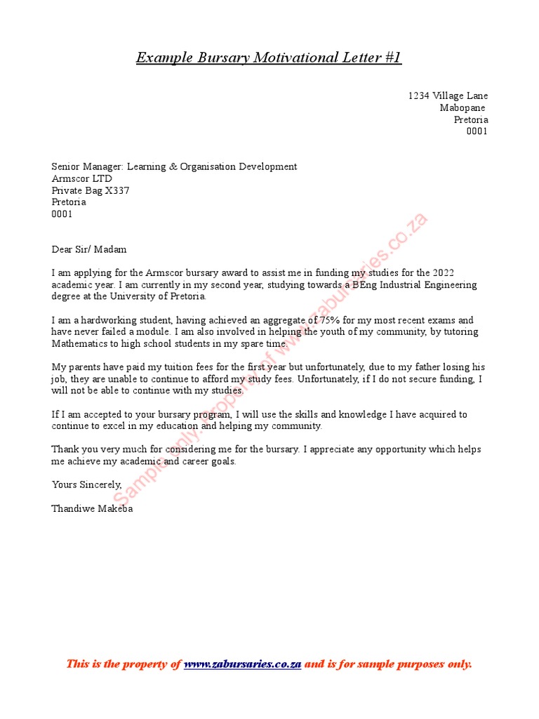 Example Bursary Motivational Letter 1 PDF
