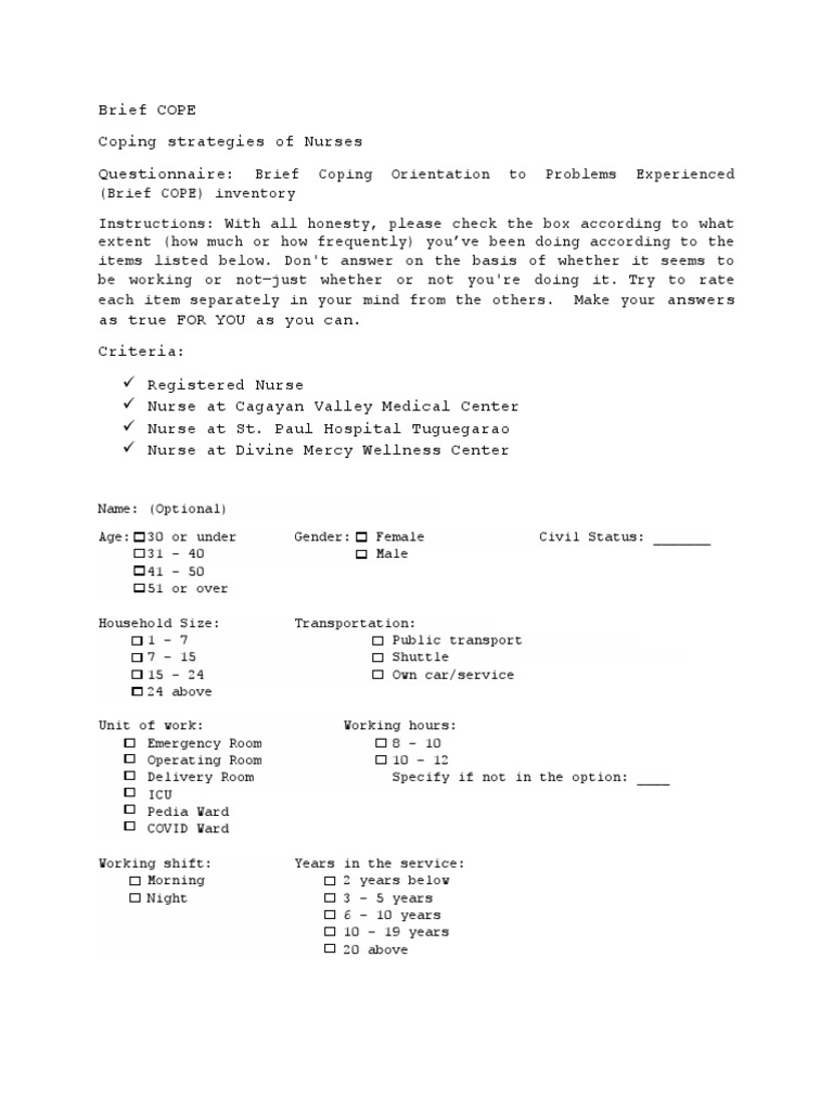 Brief COPE Questionnaire | PDF | Behavioural Sciences | Cognition
