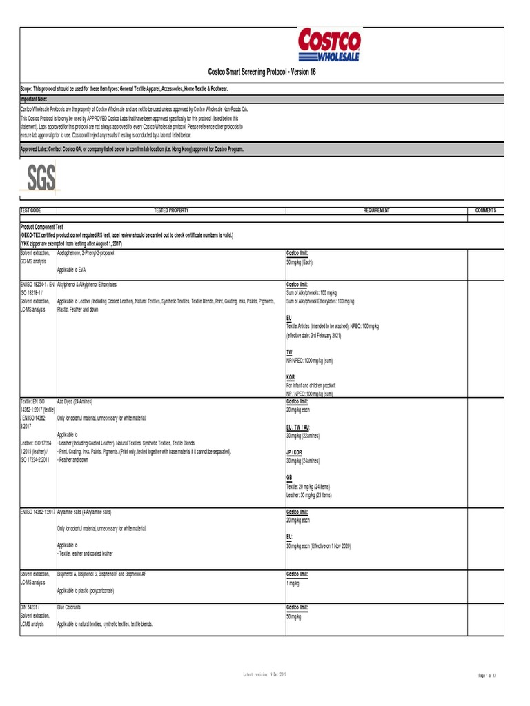 Apparel and Home TextilesCostco Smart Screening Protocol V16Approved