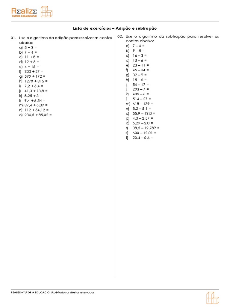 Lista de Exercicios Adicao e Subtracao | PDF