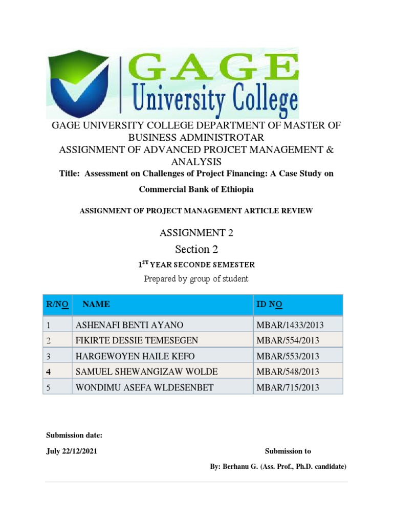 Gage University College Department of Master of Business Administrotar