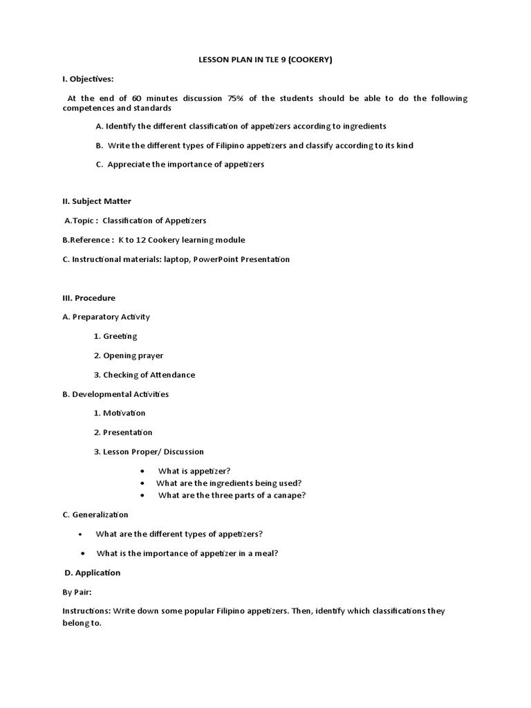 Lesson Plan in Tle 9 (Cookery) I. Objectives | PDF | Hors D'oeuvre | Salad