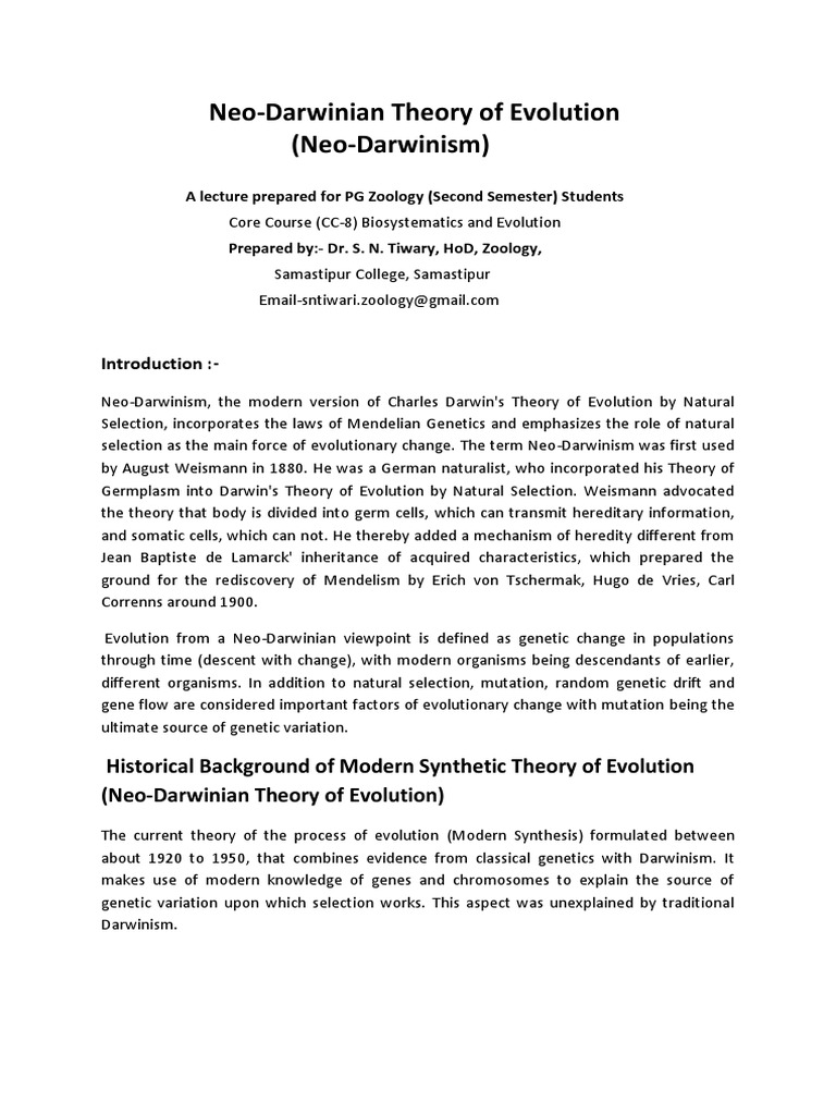 Neo Darwinism Pdf : Evolution beyond neo-Darwinism: a new conceptual ...