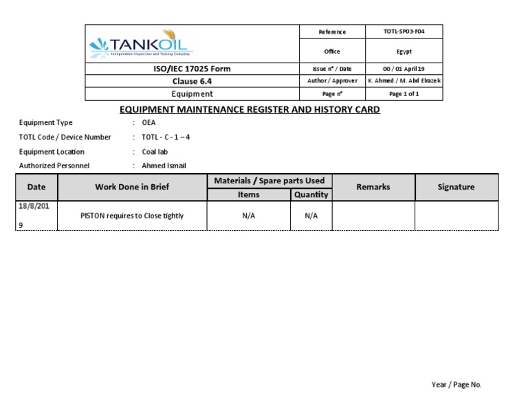 Equipment Maintenance History Card | PDF