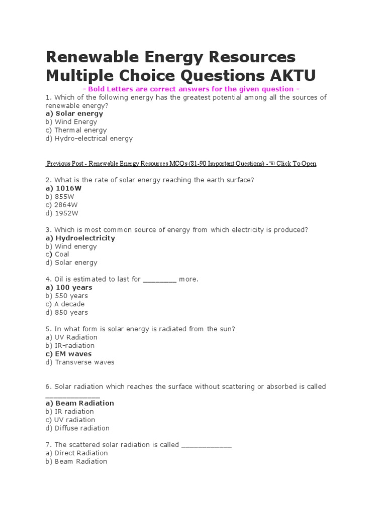 Renewable Energy Resources Multiple Choice Questions AKTU PDF