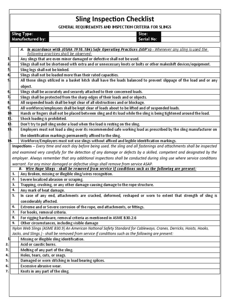 Sling Inspection Checklist Sling Type Size Manufactured By Serial