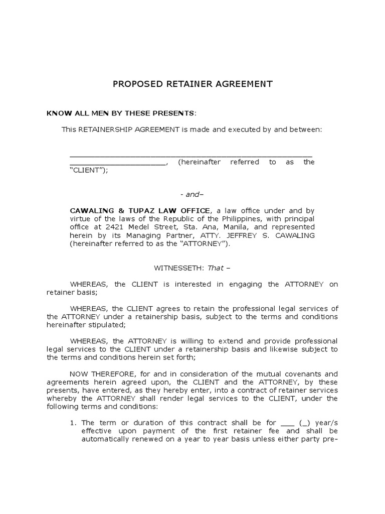 Proposed Retainer Agreement Template | PDF | Practice Of Law | Business Law