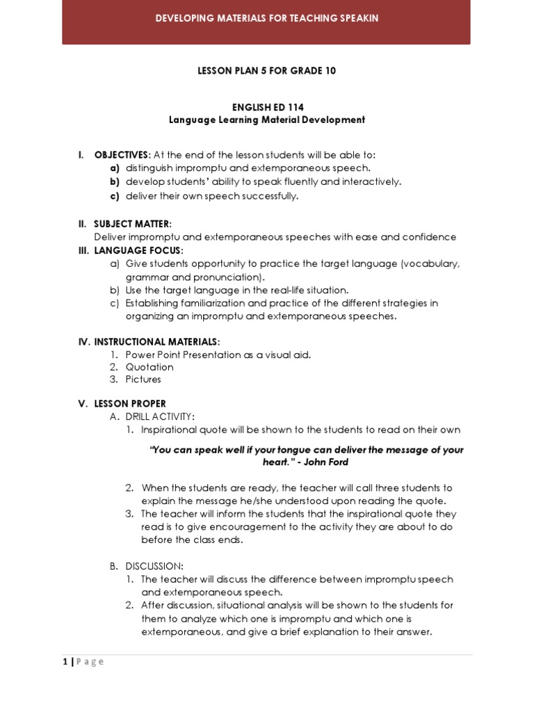 Lesson Plan 5 Speaking Pdf Lesson Plan Neuropsychological Assessment