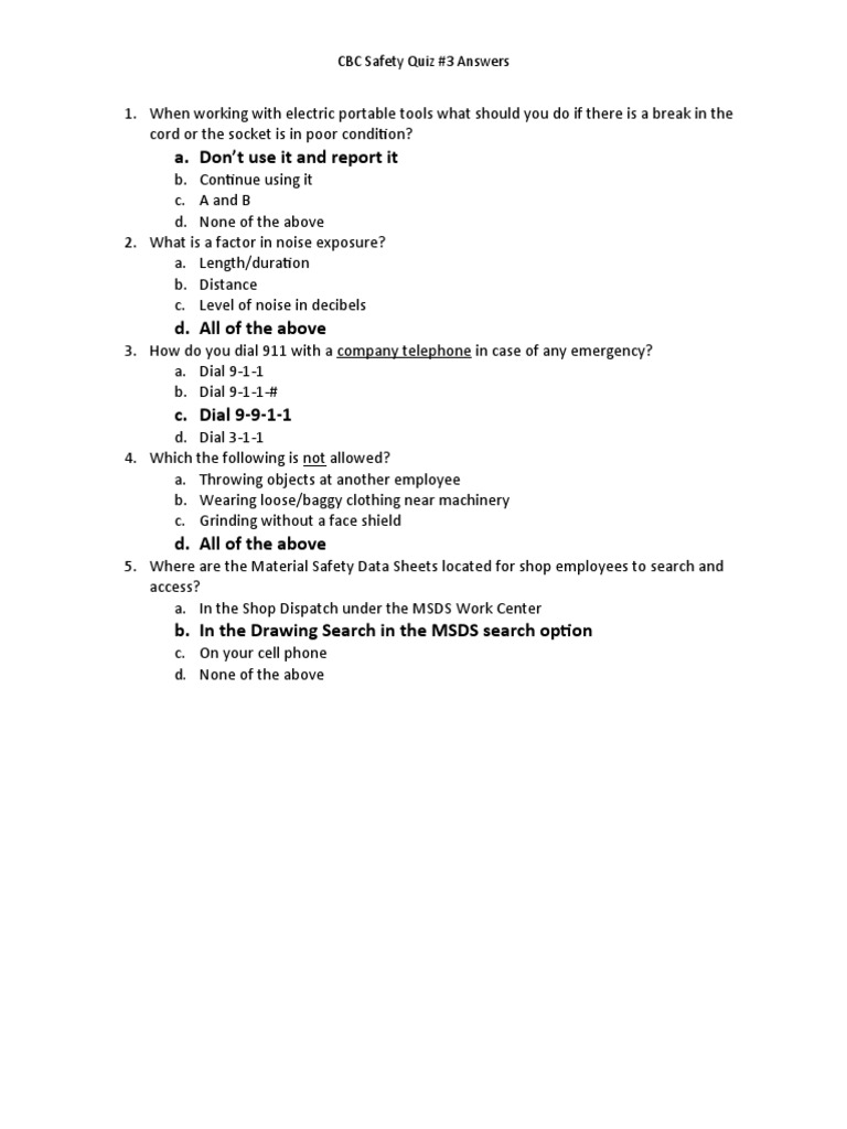 A. Don't Use It and Report It: CBC Safety Quiz #3 Answers | PDF
