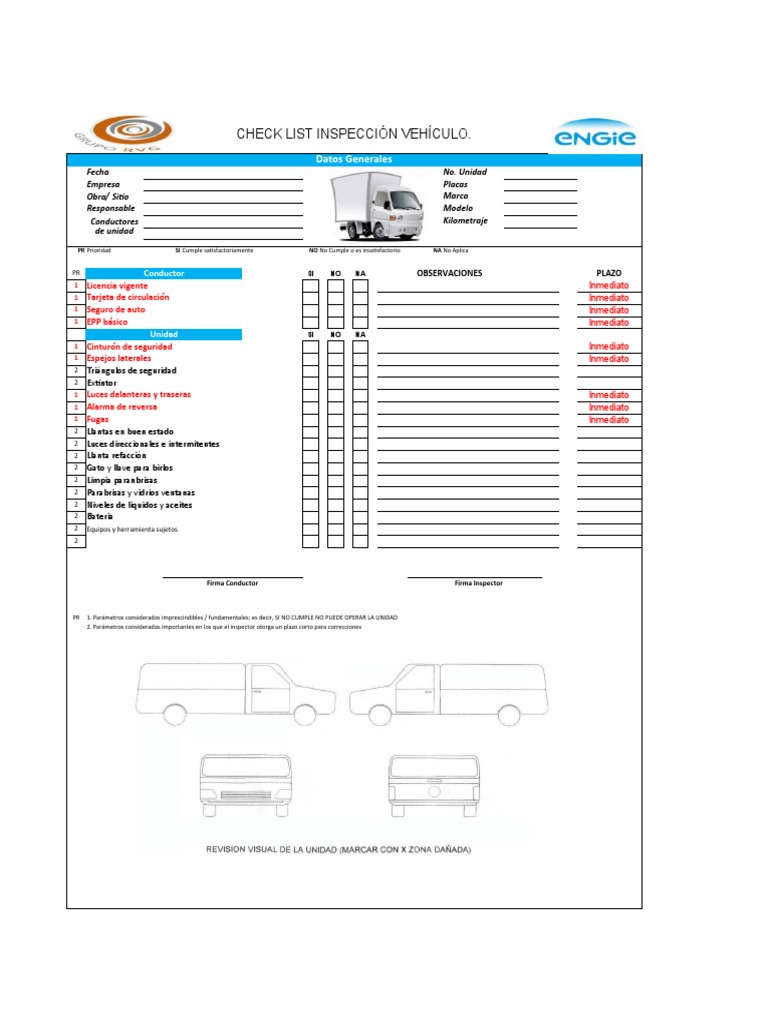 Anexo 13 Check List Inspeccion Vehiculo | PDF | Fabricantes de ...