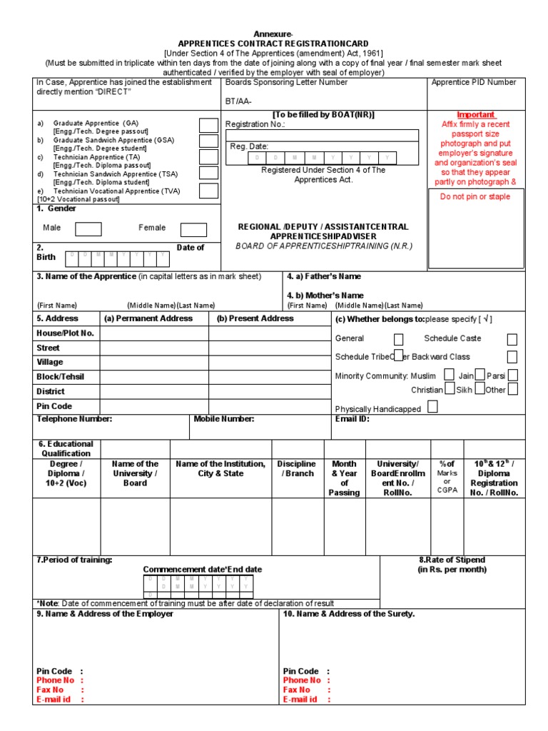 Apprenticeship Contract Registration Form | PDF | Apprenticeship ...
