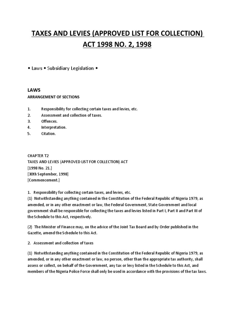 Taxes and Levies (Approved List For Collection) ACT 1998 NO. 2, 1998