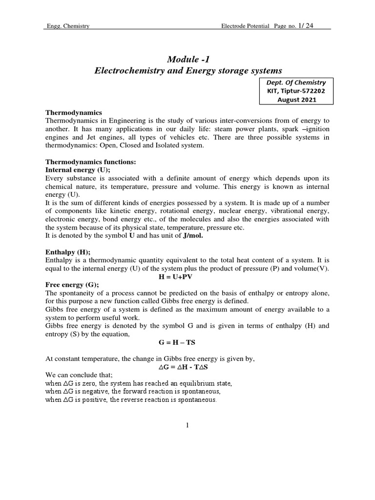 Electrochemistry and Energy Storage Systems Module 1 Notes 2018 PDF
