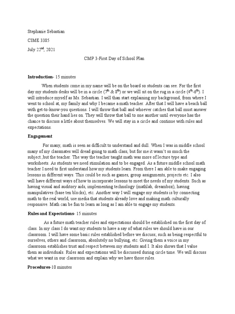 First Day of School Plan-Cmp3 | PDF | Classroom | Teachers