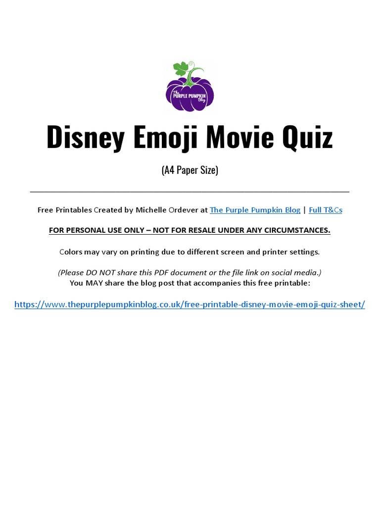 TPPB Free Printable Disney Movie Emoji Quiz Sheet A4 | PDF