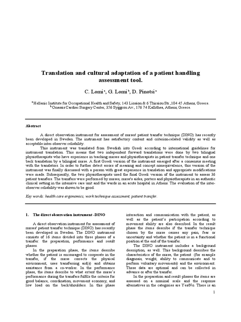 Translation and Cultural Adaptation of A Patient Handling Assessment