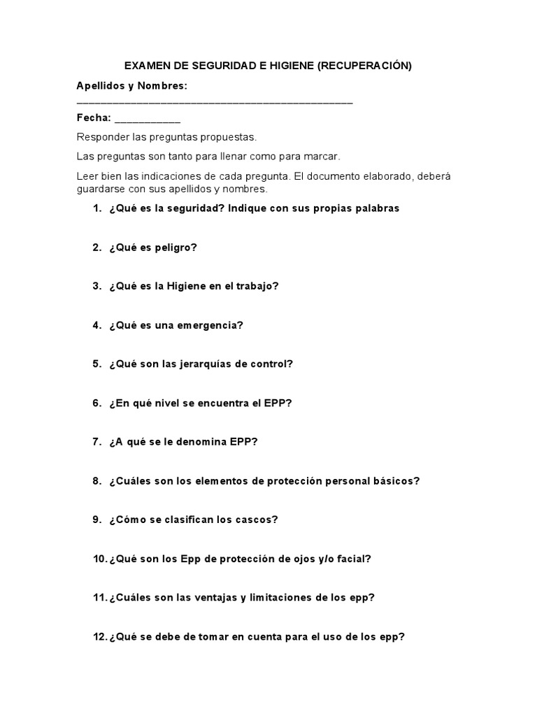 Examen de Seguridad e Higiene | PDF