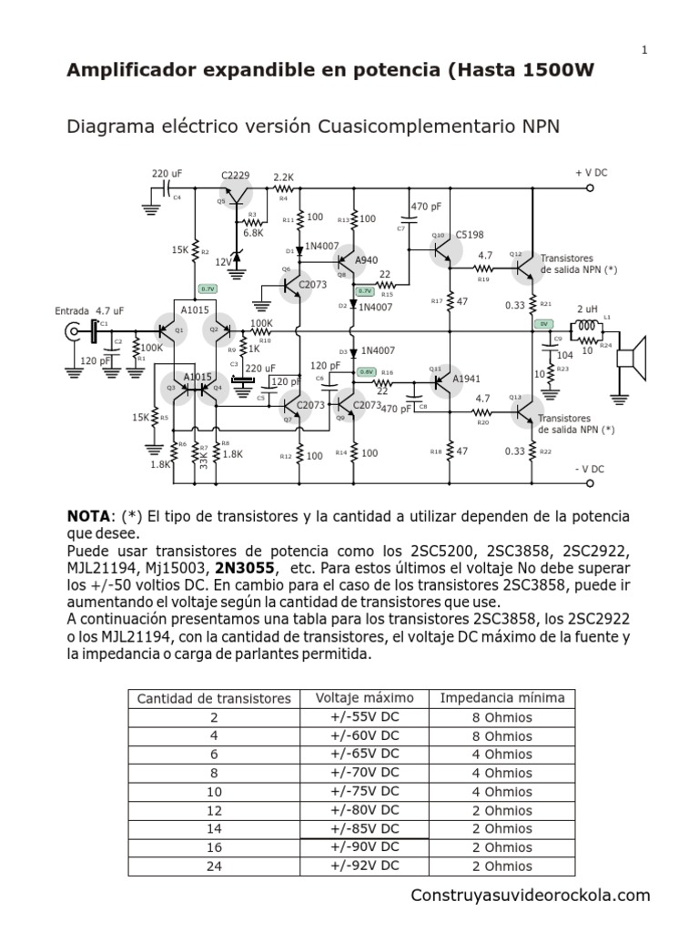 Amplificador Expandible en Potencia (Hasta 1500W. Diagrama Eléctrico